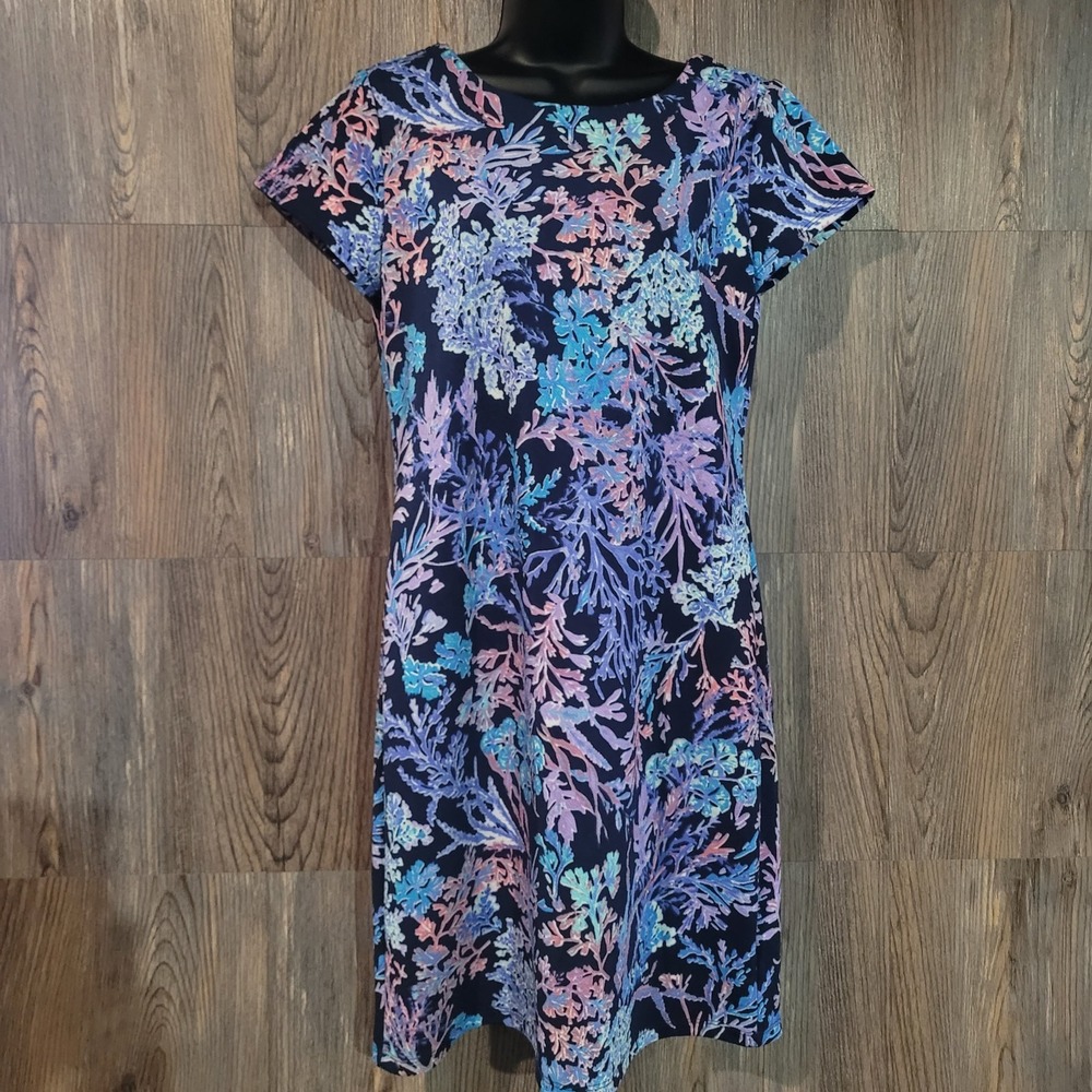 Cappagallo Victoria Dress Size S Bright Navy Multi Coral Reef Tropical Resort